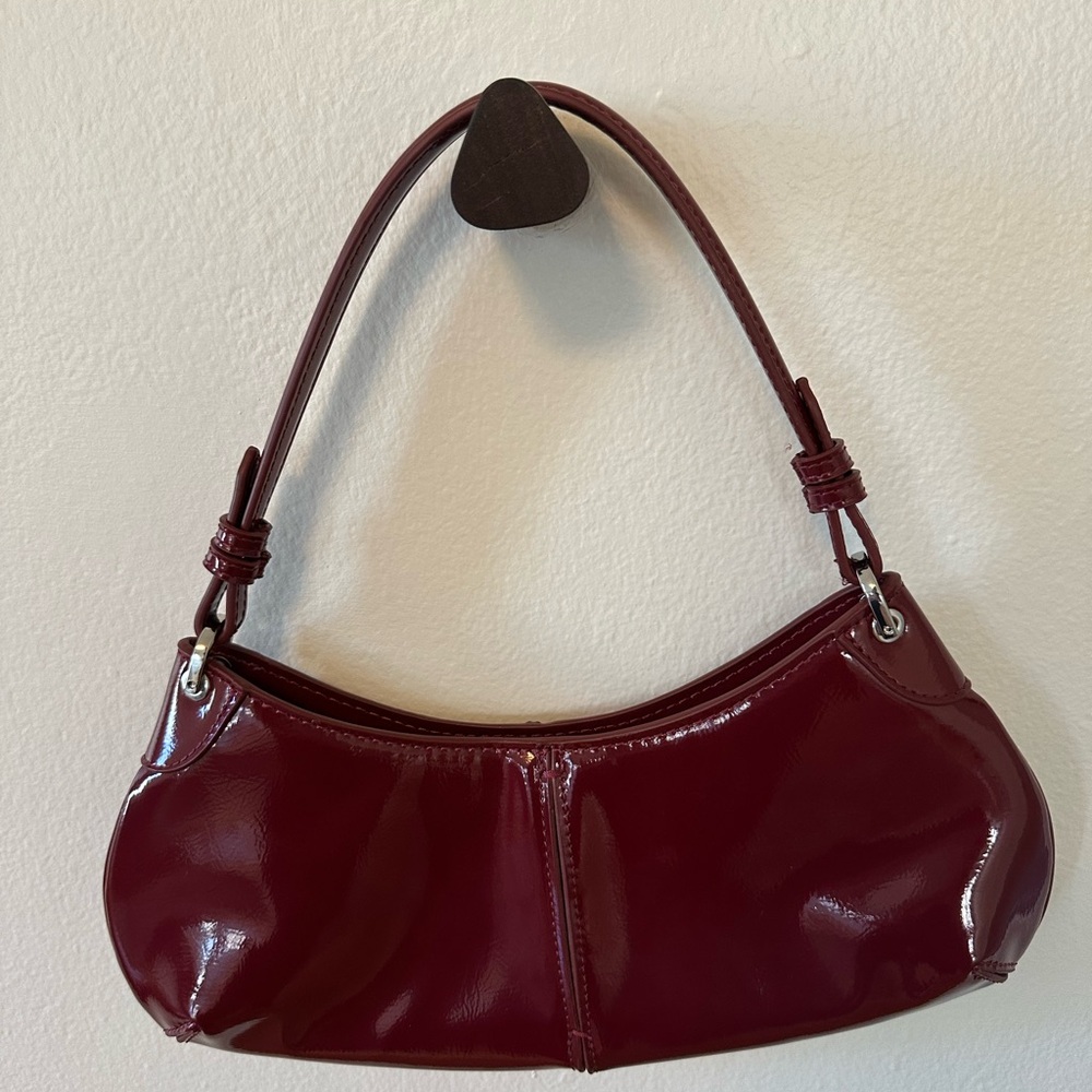 Zara Red Shoulder Bag with Glossy Finish and Crescent Shape